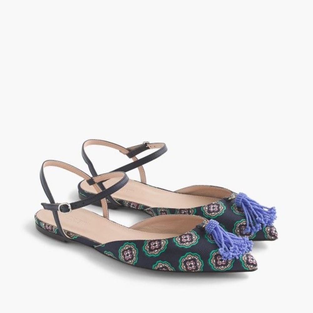 J Crew Foulard Print Beaded Tassel Flats Size 9